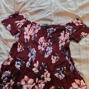 Kendall & Kylie Floral Off-Shoulder Top - Burgundy and Pink